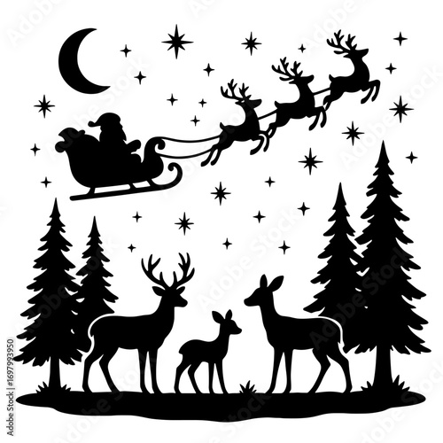 Santa Claus flying sleigh with reindeer over pine forest in magical Christmas black and white tattoo-style vector illustration
