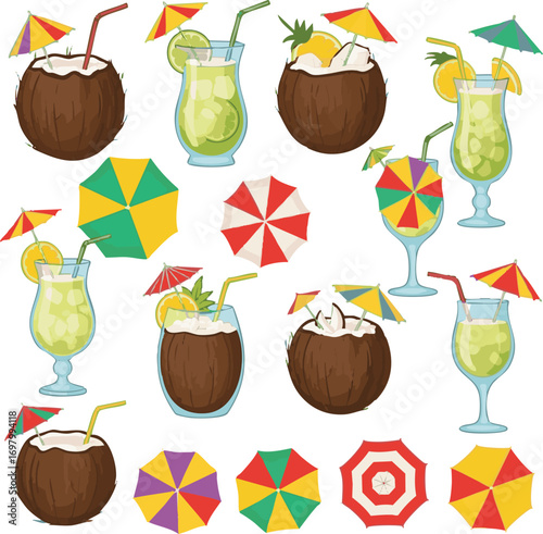 Create a kinds of deferent Tropical coconut drink with umbrella and straw, summer vacation cocktail, beach drink ,Umbrella of See Beach vector art color with white background, 