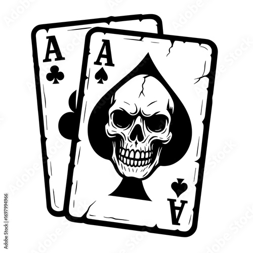 Skull with playing cards including ace of spades in bold gambling-themed black and white tattoo-style vector illustration
