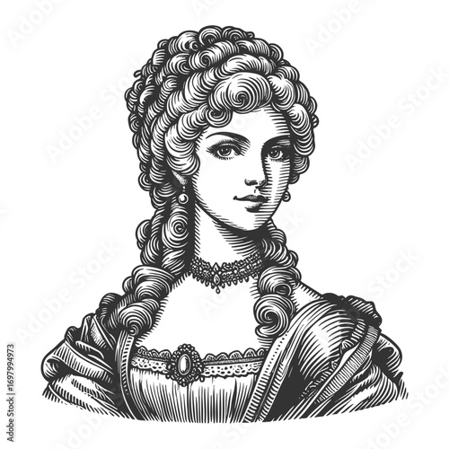 refined woman with elaborate hairstyle, floral adornments, and jewelry, classical elegance sketch engraving generative ai fictional character vector illustration. Scratch board. Black and white image.