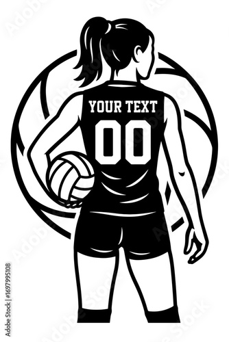 Female football player holding ball with customizable jersey in black and white tattoo-style vector illustration
