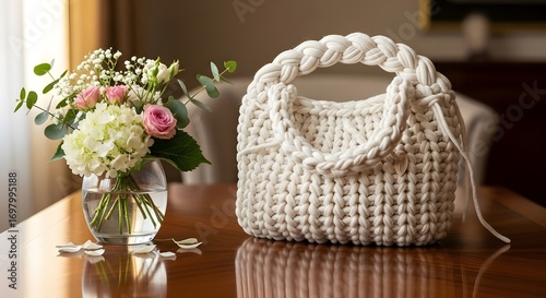 Tas rajut dekat bunga diatas meja