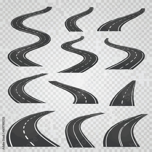 Create a kinds of deferent Winding road isolated on transparent background, curved road with white lines, bending traffic road to horizon in perspective, winding empty asphalt highway vector art.