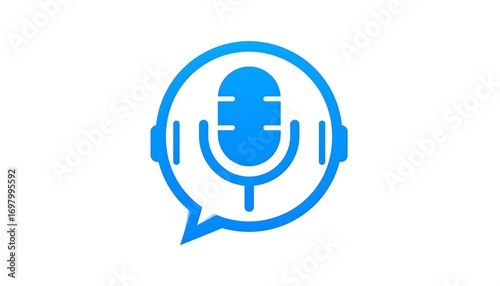 Blue speech bubble with microphone and headphones