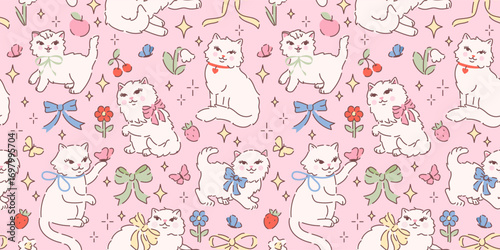 Seamless pattern with cute white fluffy cats, butterflies, bows and flowers. Hand drawn vector illustration in vintage style. Funny retro pet character background. Cottage core kitty on pink.