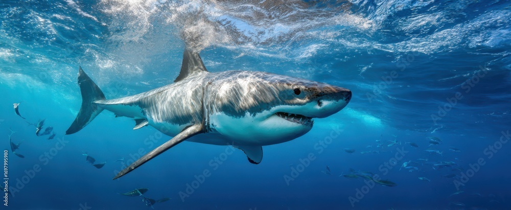 Fototapeta premium The Great White Shark Swimming Near Surface in Clear Blue Ocean with Fish