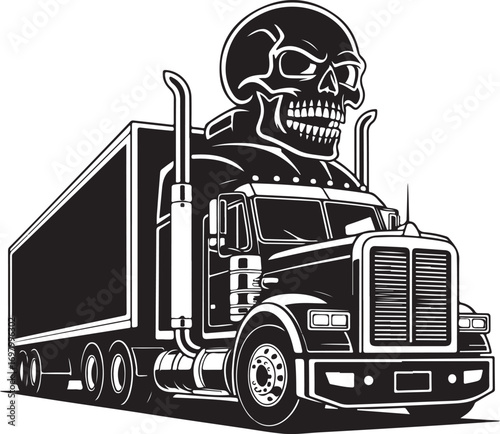 Black and white illustration of a semi-truck with a skull and trailer on a white background