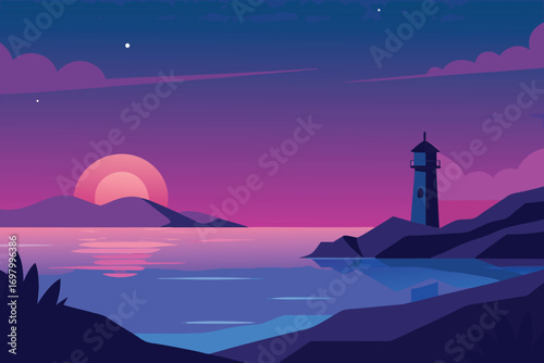 A lighthouse silhouetted against a vibrant sunset sky transitioning into night.