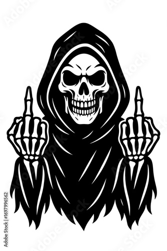 Grim reaper with skull face, hood, and folded arms in bold gothic black and white tattoo-style vector illustration
