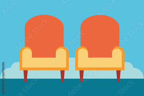 Two stylized chairs set against a soft, cloud-patterned background in a vector illustration.