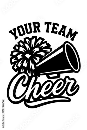 Cheerleading megaphone with pom-poms and "Your Team Cheer" editable text in bold tattoo-style black and white vector
