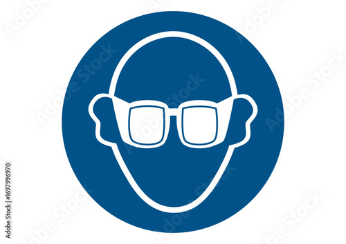 Blue and white working protection sign for protection of eyes with glasses. Illustration made September 11th, 2025, Zurich, Switzerland.