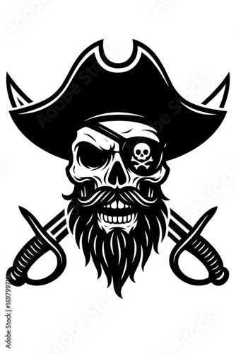 Pirate skull wearing eyepatch and hat with crossed swords in bold black and white tattoo-style vector illustration
