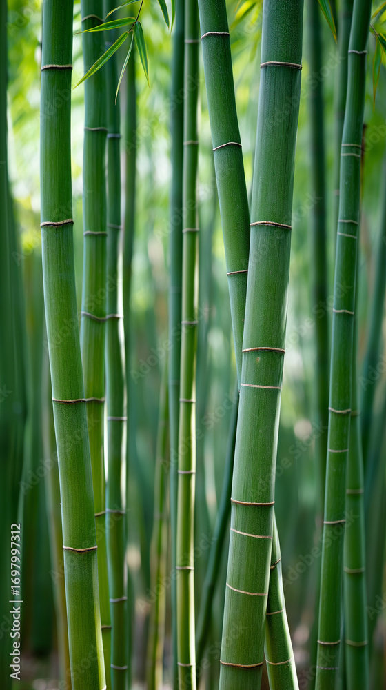 Fototapeta premium Dense grove of bright green bamboo stalks, perfect for tropical or nature themed designs, environmental concepts, or peaceful backgrounds.