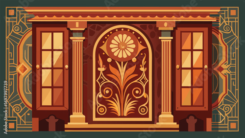 An illustration of an ornate door featuring intricate designs and decorative elements.