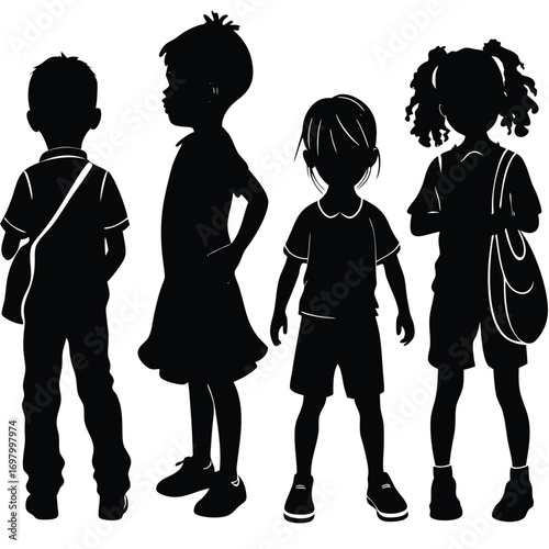 Silhouettes of four young children, two boys and two girls, standing in a row.
