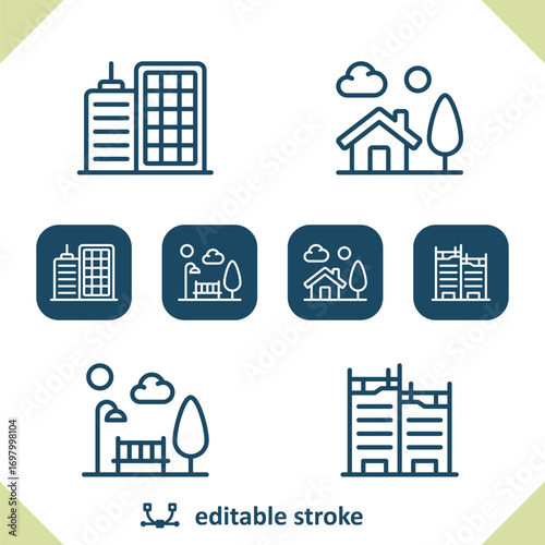 City Icons. House, Home, Park, Apartment Building, Construction Icon