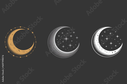 Crescent moons with celestial bodies stars night