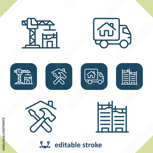 Construction Icons. Construction Crane, Moving Truck, Tools, House, Building Icon