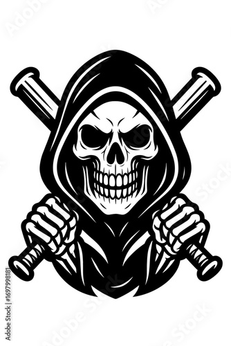 Grim reaper with skull face and folded arms in dark monochrome tattoo-style vector illustration
