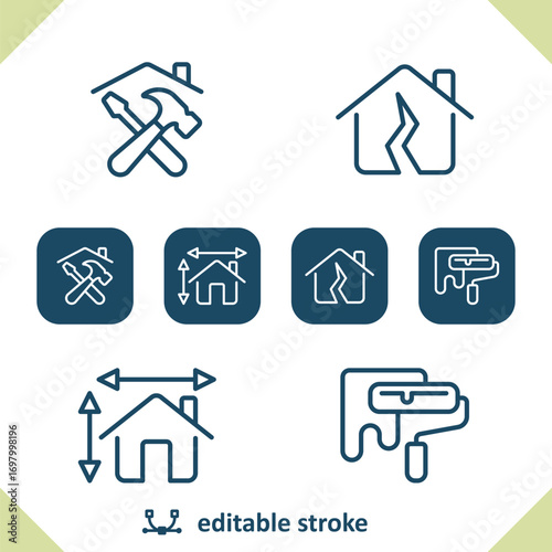 Construction Icons. Home Improvement, Tools, Paint Roller, Hammer, House Icon