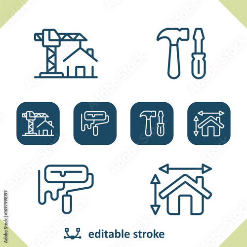 Construction Icons. Home Improvement, Tools, Paint Roller, Hammer, House Icon