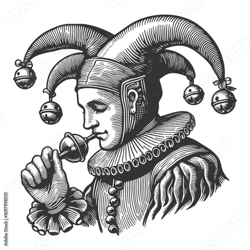 court jester wearing a traditional hat with bells, ornate clothing, and ruffled collar sketch engraving generative ai fictional character vector illustration. Scratch board. Black and white image.