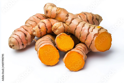 Flawless fresh ripe turmeric on white background isolated on white background, generated AI