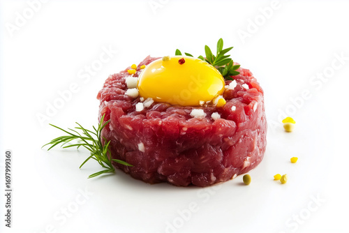 Flawless served fresh beef tartar with egg raw yolk isolated on white background, generated AI