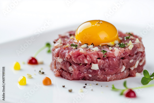 Flawless served fresh beef tartar with egg raw yolk, generated AI