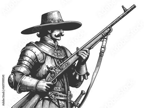 historical musketeer holding a rifle, wearing armor and feathered hat, classic European warfare sketch engraving generative ai fictional character vector illustration. Scratch board. Black and white.