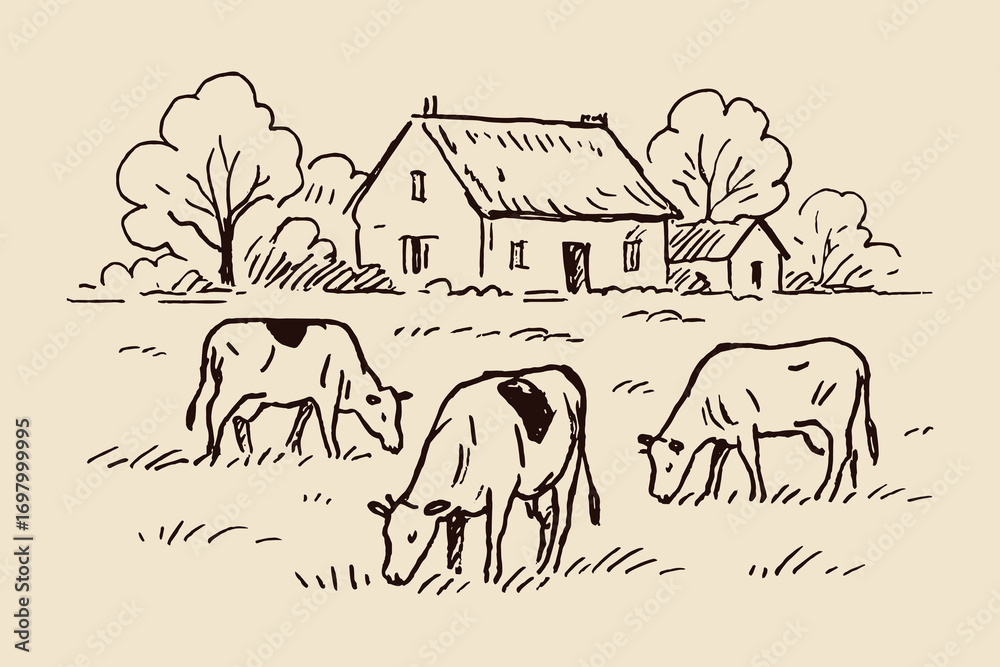 Ταπετσαρία Cows grazing near farmhouse minimalist sketch vector illustration