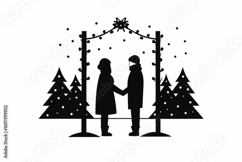 Romantic couple getting married in snowy outdoor setting,  vector illustration
