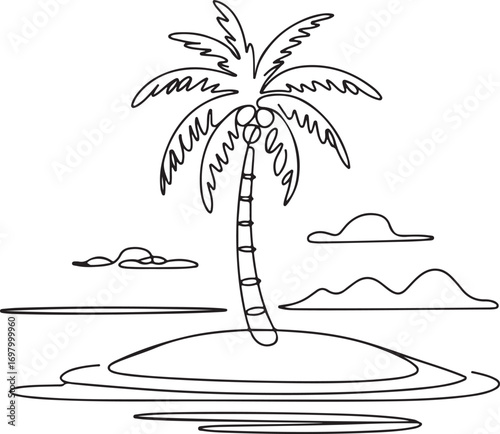 Continuous line art of tropical island with palm tree abstract minimal vacation vector illustration