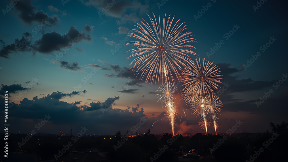 Obraz premium A beautiful fireworks display exploding in the twilight sky over a city silhouette during a holiday celebration.