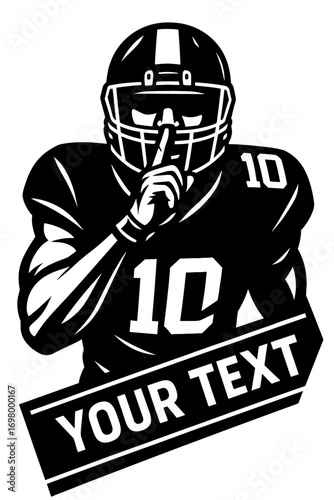 Football quarterback making silence gesture with custom number black and white vector illustration
