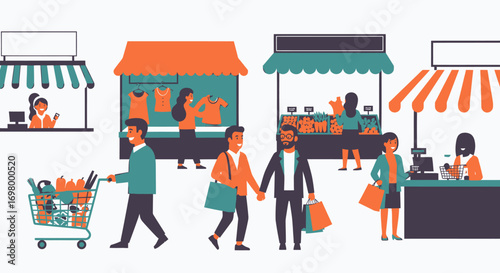 Vibrant Marketplace Scene with Shoppers Browsing Stalls and Purchasing Goods