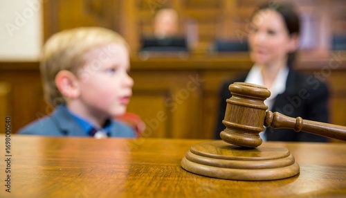A wooden gavel sits on a table in a courtroom, with a young child in the foreground, out of focus.