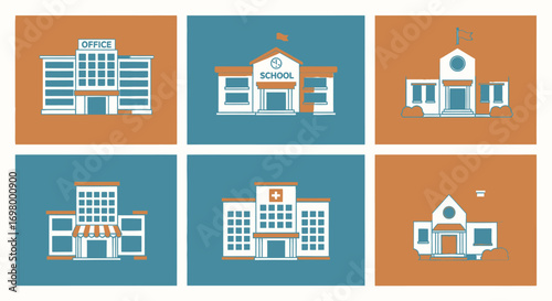 Diverse Building Icons Office, School, and More
