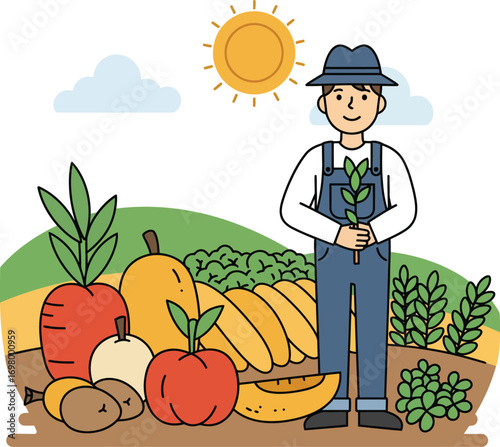 farmer holding vegetables surrounded by fruits and crops on transparent background