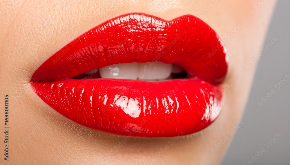 Obraz premium Close-up view of luscious, glossy red lips, showcasing a vibrant hue and a smooth texture.