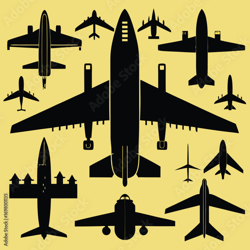 Silhouette illustration of various aircraft, showcasing different airplane designs and configurations against a yellow backdrop.