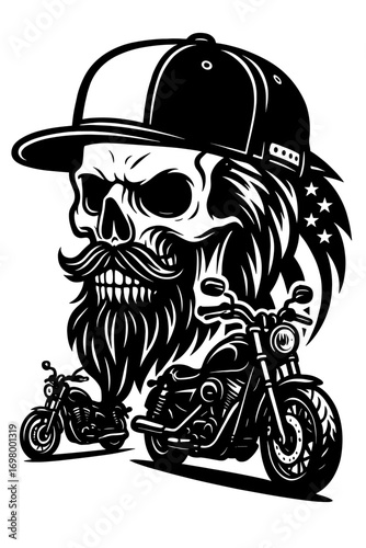 Skull biker with beard and helmet wearing sunglasses black and white vector illustration in vintage tattoo style

