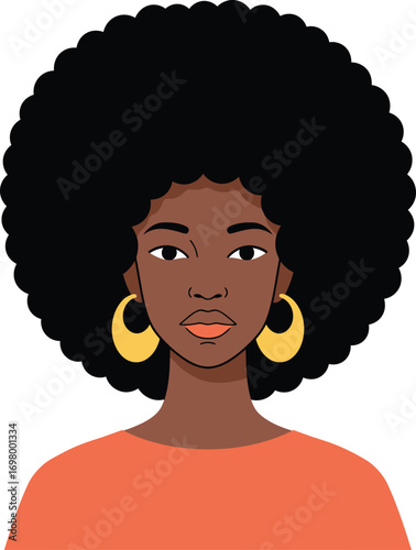 woman with afro hairstyle wearing orange shirt on transparent background