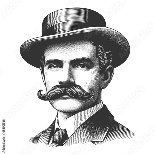Victorian-era gentleman wearing a bowler hat and suit, with a large curled mustache sketch engraving generative ai vector illustration. Scratch board imitation. Black and white image.