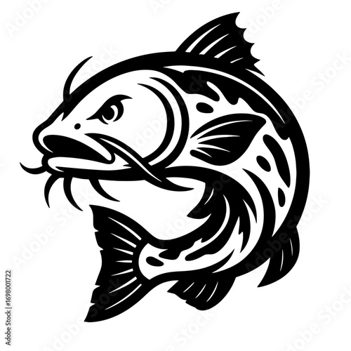 Jumping bass fish black and white vector illustration for fishing, angler, outdoor and sport themes
