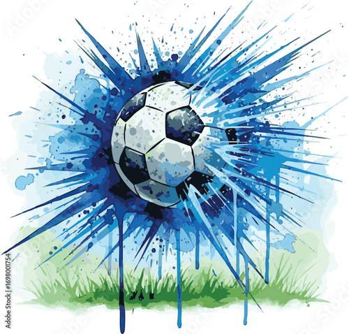 create Dynamic watercolor painting captures soccer ball in motion, surrounded by energetic blue splashes, splatters. Artwork highlights passion, skill, excitement of sport, perfect for sports media