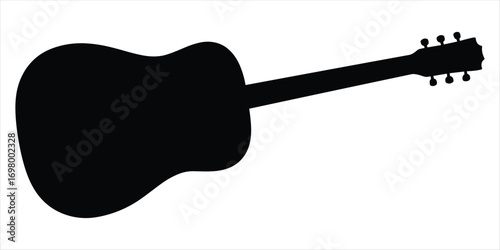 Black silhouette of an acoustic guitar on a white background Keywords: guitar, acoustic, music, instrument, silhouette, object