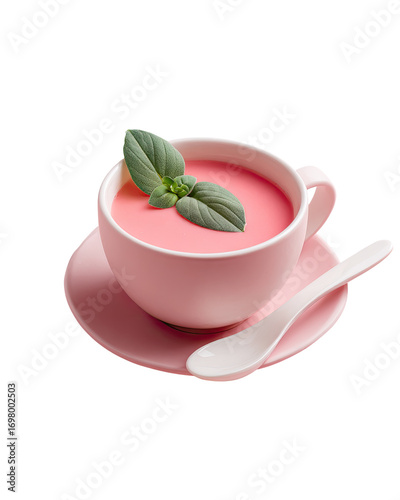 Pink ceramic cup filled with a light coral-colored soup, garnished with fresh basil leaves. A small white spoon rests beside the cup on a matching saucer