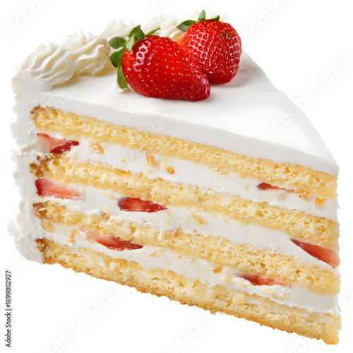 Strawberry cake slice with white frosting